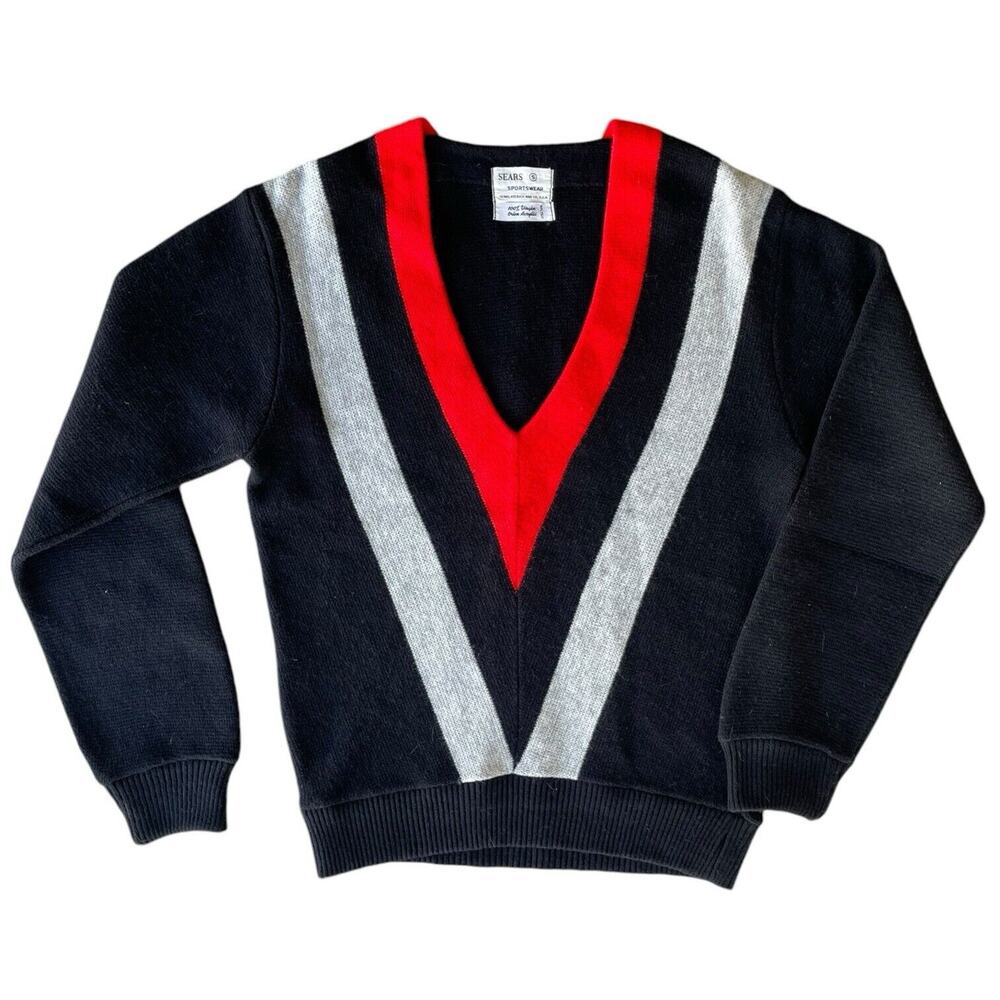 Vintage 1960s SEARS SPORTSWEAR Black Red Stripe Knit Pullover Sweater Mens Small
